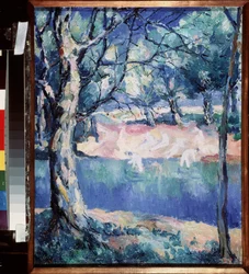 Joki metsässä. Keskellä kesää luonnosteltujen alastomien uimareiden kanssa rannalla. Maalaus: Kasimir Severinovich Malevich (Malevich, Malevic) (1878-1935), öljy kankaalle