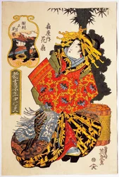 Kurtesaani Hanaogi Ogiya-talosta kurtisaanien kevätparaatissa, noin 1830, Keisai Eisenin (1790-1848) ukiyo-e-taidevedos, Oban tate-e -puupiirros, 38,5 x 25. 7 cm, japanilainen sivilisaatio, Edo-kausi