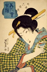Nuoren naisen puolivartalomuotokuva kuppi kädessään, noin 1830, ukiyo-e, (1790-1848), sarja ”Kauniiden naisten peili”, valikoima kuudesta aikakauden kaunottaresta, oban-kokoinen puupiirros, Japanin kulttuuri, Edo-kausi (1603-1868)