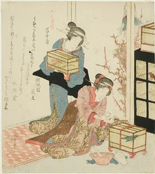 Myriadin linnun ruokkiminen (Momochidori), sarjasta "Kolmen linnun tarina (Sanchoden)".