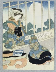 Japanilainen Lady Reading by Moonlight (puukiviprintti)