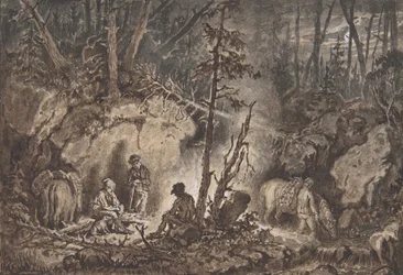 Metsästäjät lepäämässä metsässä yöllä, 1830-60.