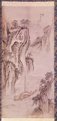 Taiteen ydin: Mu-i:n paluu. Coreen maisema veneellä ja jyrkkä kallio. Painos Kim Hong do tai Danwon (1745-n. 1806). 1760. Hyung Pil Chun -kokoelma.