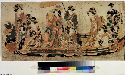 Ihaile kirsikankukkia (Hanami) (Cherry Blossom Viewing, Hanami). Painos Kitagawa Utamaro II (?-1831). Värisyövytys, 37 x 76 cm. Itämainen taide. Pushkin-museo, Moskova