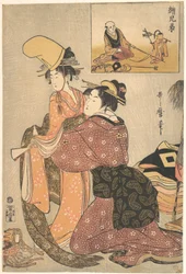 Nainen pukee tyttöä kabuki-tanssia "Musume Dojōji" varten, rinnakkaiskuvana (E-kyōdai) apinankouluttaja
