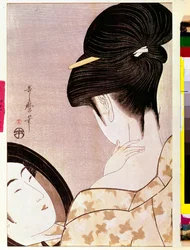 Nainen puuteroi niskaansa varjossa. Kitagawa Utamaron (1753-1806) japanilainen vedos. 0,37 x 0,22 m. 1795-1796. Pariisi, Musée Guimet, Aasialaisen taiteen kansallismuseo