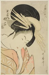 Tamayan Akashi, sarjasta Seven Komachis of Yoshiwara (Seiro nana Komachi) (Tamaya uchi Akashi, Uraji, Shimano), noin 1794-95 (värillinen puupiirros; oban).