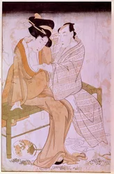 Kuvaus penkillä toisiaan hyväilevästä japanilaisesta pariskunnasta. Kitagawa Utamaron (1753-1806) puupiirros. Mitat: 0,38 x 0,245 m. Pariisi, Musée Guimet, Aasian taiteiden kansallismuseo