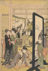 Taiteilija Kitao Masanobu rentoutumassa juhlissa, 1790-luku.