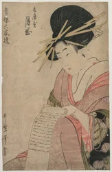 Hyogoyan kurtisaani Tsukioka pyörittelee kirjettä, 1790-luvun lopulla.