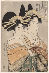Tamayan kurtisaanit Kasugano ja Utahama sarjasta Courtesans of the Pleasure Quarters in Double Mirrors