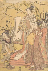 Chojiyan Oiran Hinazuru seisoo Futon-kasan päällä, n. 1794.