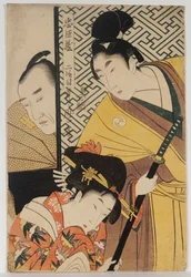 Nuori samurai Rikiya Konamin ja Honzon kanssa osittain piilossa oven takana, "Chushingura" II näytös