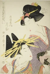 Hyogoyan tsukioka (Hyogoya uchi tsukioka), sarjasta "Seiro bijin meika awase", noin 1801 (värillinen puupiirros; oban)