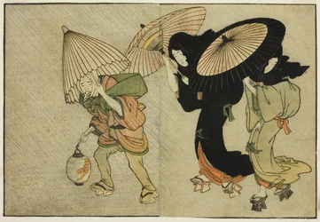 Kaksi naista ja hoitaja, joutuivat myrskyyn, kuvitetusta kirjasta "Picture Book: Flowers of the Four Seasons (Ehon shiki no hana)," voi. 2