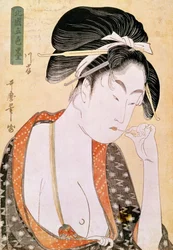 Nainen kaipaa huulia Utamaro Kitagawan (1753-1806) japanilainen printti. 1700-luvulla. Pariisi, Guimetin museo, Aasian taiteen museo