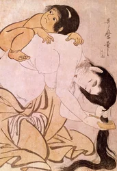 Yamauba ja Kintoki. Äiti kampaa hiuksiaan kantaessaan lastaan selässään. Utamaro Kitagawan (1753-1806) japanilainen vedos. 1700-luku. Pariisi, Musée Guimet, Aasian taiteen museo
