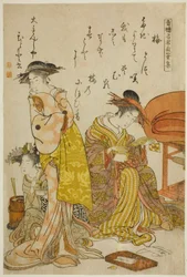 Daimonjiyan kurtisaani Hitomoto albumilta "Comparing New Beauties of the Yoshiwara - A Mirror of Their Own Writings (Keisei shin bijin awase jikihitsu kagami)"
