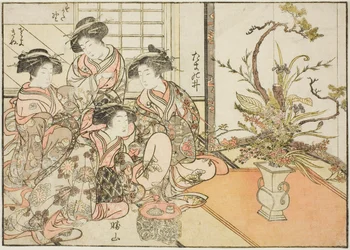 Yotsumayan kurtisaanit kirjasta "Mirror of Beautiful Women of the Pleasure Quarters (Seiro bijin awase sugata kagami)", voi. 2