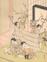 Nuoret pojat esittävät nukketeatteria, n. 1770.