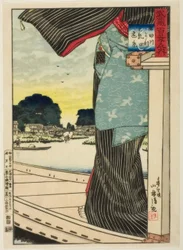 Matsuchi-kukkulan kaukainen näkymä Sumida-joelta (Sumidagawa yori Matsuchiyama enkei) sarjasta "Sata näkymää Musashin maakunnasta (Musashi hyakkei no uchi)"