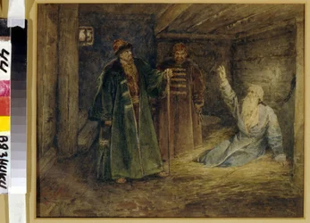 Le tsaari Ivan IV le terrible (1530-1584) ja Maliouta Skouratov (mort en 1573) vierailija le Boyard (boiard, boiar) Morozov (?) vankilassa. (Tsaari Ivan IV Kamala ja Malyuta Skuratov Boyar Morosovin luona). Peinture de Klavdi Vasilyevich Lebedev (1852-191