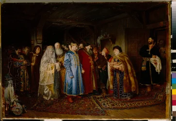 Boyar häät (boyar, boyar) 1500-luvulla, morsiamella on kokochnik (Bojaarin häät) - Öljy kankaalle, kirjoittanut Klavdi Vasilyevich Lebedev (1852-1916)