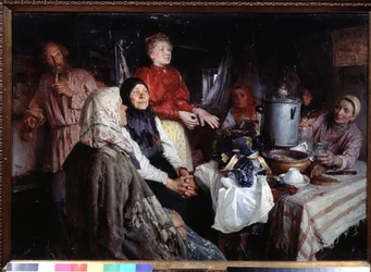 Vierailu talossa (kotikäynti). Klavdi Vasilyevich Lebedevin (1852-1916) maalaus öljy kankaalle