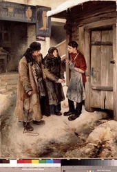 Visita dels pares al seu fill. (Els pares visiten el seu fill). Reunió familiar en un carrer de terra, davant d