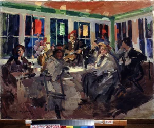 Kahvilassa (Kahvilassa). Naiset istuvat lähellä erkkeri-ikkunaa, valaistu värillisillä lyhtyillä, ja mukana kitaristi. Maalaus Konstantin Aleksejevitš Korovin (Konstantin Korovin) (1861-1939), öljy kankaalle
