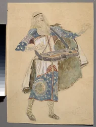 Pukusuunnittelu Mihail Igor Glinkan (1804-1857) oopperaan "Ruslan ja Ljudmila" (M. Glinkan pukusuunnittelu oopperaan Ruslan ja Ljudmila). Muusion puku. Konstantin Aleksejevitš Korovinin (Konstantin Korovin) (1861-1939) teos, aqu.
