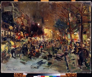 Grand Boulevard Pariisissa (Boulevard in Paris). Näkymä vilkkaalle kadulle illalla. Näet Morris-sarakkeet oikealla. Maalaus Konstantin Aleksejevitš Korovin (Konstantin Korovin) (1861-1939), öljy kankaalle