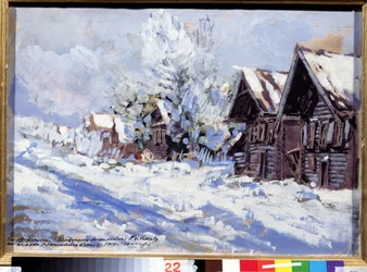 Talvi (Talvi). Näkymä kylän kadulle, jossa on puutaloja, lumen alla. Konstantin Aleksejevitš Korovinin (1861-1939) teos, guassi pahville