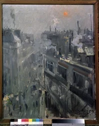Paris (Ranska) (Pariisi). Näkymä Boulevard Montmartren julkisivuille, syksyinen aamu. Maalaus Konstantin Aleksejevitš Korovin (Konstantin Korovin) (1861-1939), öljy kankaalle
