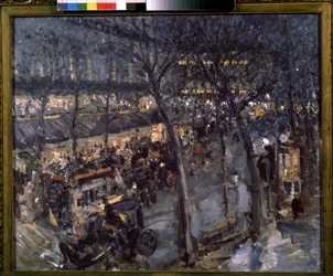 Pariisi, Cafe de la Paix 9. kaupunginosassa. (Pariisi, Cafe de la Paix). Näkymä pariisilaisen kahvilan terassille, iltaohjelmaa. Maalaus Konstantin Aleksejevitš Korovin (Konstantin Korovin) (1861-1939), öljy kankaalle