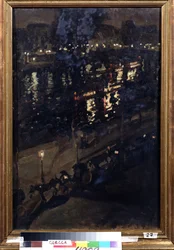 Pariisi yöllä (Paris at Night). Näkymä Seinen laiturille hevoskärryillä ja kaupungin valot heijastumassa veden pinnalle. Maalaus Konstantin Aleksejevitš Korovin (Konstantin Korovin) (1861-1939), öljy kankaalle, russ art
