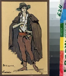 Pukusuunnittelu Sergei (Serguei) Rahmaninov (Serge Rahmaninov) (1873-1943) oopperaan "Aleko" (S. Rahmaninovin Aleko-oopperan pukusuunnittelu). Konstantin Aleksejevitš Korovin (Konstantin Korovin) (1861-1939) työ, akvarelli ja guakki