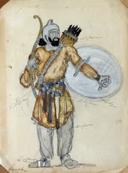 Pukusuunnittelu Aleksanteri Borodinin (1833-1887) oopperaan Prinssi Igor (A. Borodinin Prinssi Igor -oopperan pukusuunnittelu). Konstantin Aleksejevitš Korovin (Konstantin Korovin) (1861-1939) työ, akvarelli ja guassi paperille