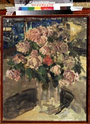 Ruusut (Ruusut). Asetelma, kukkakimppu. Maalaus Konstantin Aleksejevitš Korovin (Konstantin Korovin) (1861-1939), öljy kankaalle 1910. Venäjän taidetta, modernia, 1900-luvun alku. Osavaltion B. Kustodievin taidegalleria, Astrakhan (Venäjä).