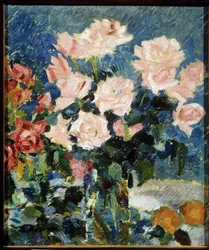 Ruusut (Ruusut). Maalaus Konstantin Aleksejevitš Korovin (Konstantin Korovin) (1861-1939), öljy kankaalle, noin 1930. Asetelma, 1900-luvun venäläinen taide, postimpressionismi. State Art useum, Jaroslavl (Venäjä).