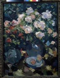 Ruusuja sinisessä kannussa. Maalaus Konstantin Aleksejevitš Korovin (Konstantin Korovin) (1861-1939), öljy kankaalle