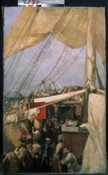Kannella (Kannella). Kuvaus matkustajajoukosta veneen kannella. Maalaus Konstantin Aleksejevitš Korovin (Konstantin Korovin) (1861-1939), öljy kankaalle, noin 1880. Venäläistä taidetta 1800-luvun lopulla. Valtion Tretjakovin galleria, Moskova.