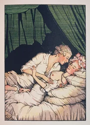 Kuvitus Franz Blein teokseen "Markiisittaren kirja" (markiisitar paljain rinnoin vuoteessaan rakastajansa kanssa)