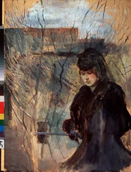 Kevät (Mustiin pukeutunut nainen, ilmeeltään melankolinen ja katse alaspäin suunnattuna, nojaa kapeaan kaiteeseen) - Konstantin (Constantin) Andreyevich Somovin (1869-1939) teos