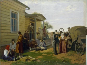 Rauhantuomari. Oikeustalo Venäjän maaseudulla, talonpojat odottavat jutellen ja juristit työskentelevät ahkerasti. Konstantin Apollonovich Savitskyn (1844-1905) maalaus. Venäläistä taidetta, 1800-luku. Regi