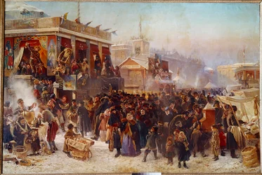 Balladiinit Admiraut-aukiolla St. Petersburg Street Theatre Showssa. Constantine Makovskin (Makovsky) (1839-1915) maalaus (ec.rus.) 1869 Moskova, Tretjakovin galleria