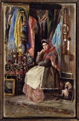 Boutique de curiosites (Curiosity Shop). Konstantin Jegorovich Makovskyn (Constantin Makovski) (1839-1915) kuva, huile sur toile. Art russe 19e siecle. Pohjois-Ossetian M. Tuganovin taidemuseo, Vladikavkaz (Vladicaucaze) (Venäjä).