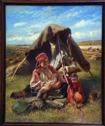 Viikatemies. Sadonkorjuun aikana nainen imettää vastasyntynyttä katsellessaan toista, tuskin vanhempaa lasta, taustalla talonpojat pelloilla. Konstantin Jegorovich Makovskin (Constantin Makovsky) maalaus (1839-1915),