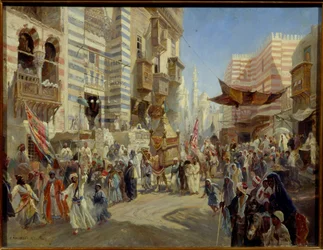 Muslimien loma: pyhän maton kulkue Kairon kaduilla Egyptissä (Pyhän maton luovuttaminen Kairossa) - Konstantin Jegorovich Makovsky (Constantin Makovski) öljy kankaalle (1839-1915)