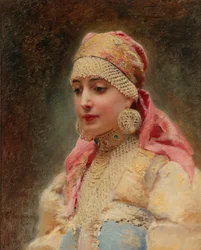 ""Bojaarin vaimon muotokuva"" (boiard, boiar) - Konstantin Jegorovich Makovskin (Constantin Makovsky) (1839-1915) maalaus, öljy kankaalle, noin 1890 - (Bojaarin vaimo, Konstantin Jegorovich Makovsky öljy kankaalle